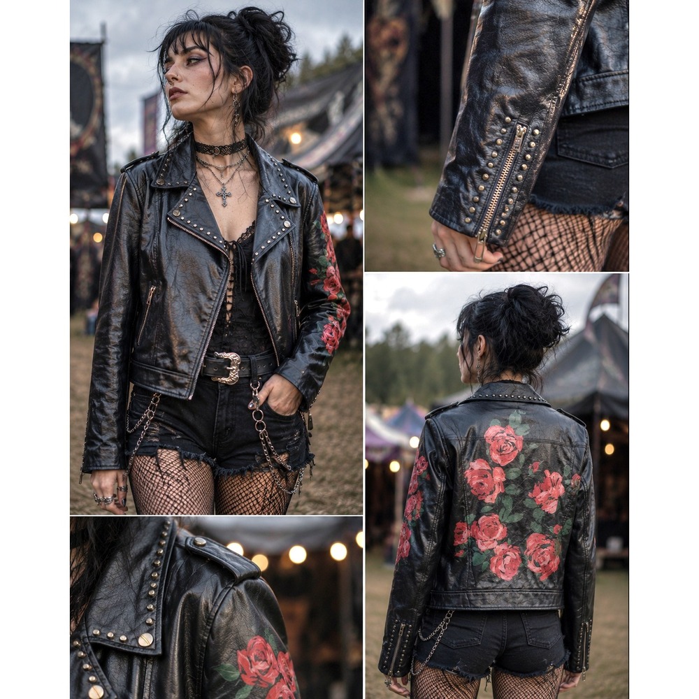 Sanctuary Y2K Festival Floral Bikercore Jacket Vegan Leather Studded Size M Moto